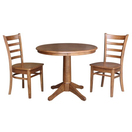 International Concepts Round 36 in Rd Top Pedestal Table, 2 Emily Chairs, Distressed Oak, 36 in W, 36 in L, 29.1 in H K42-36RT-27B-C617-2